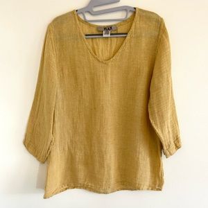 FLAX 100% LINEN V Neck Tunic 3/4 Sleeve Top Yellow Gauzy Small